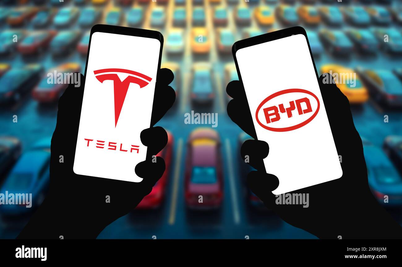 Tesla et BYD fabricant de véhicules électriques à batterie de la société Banque D'Images