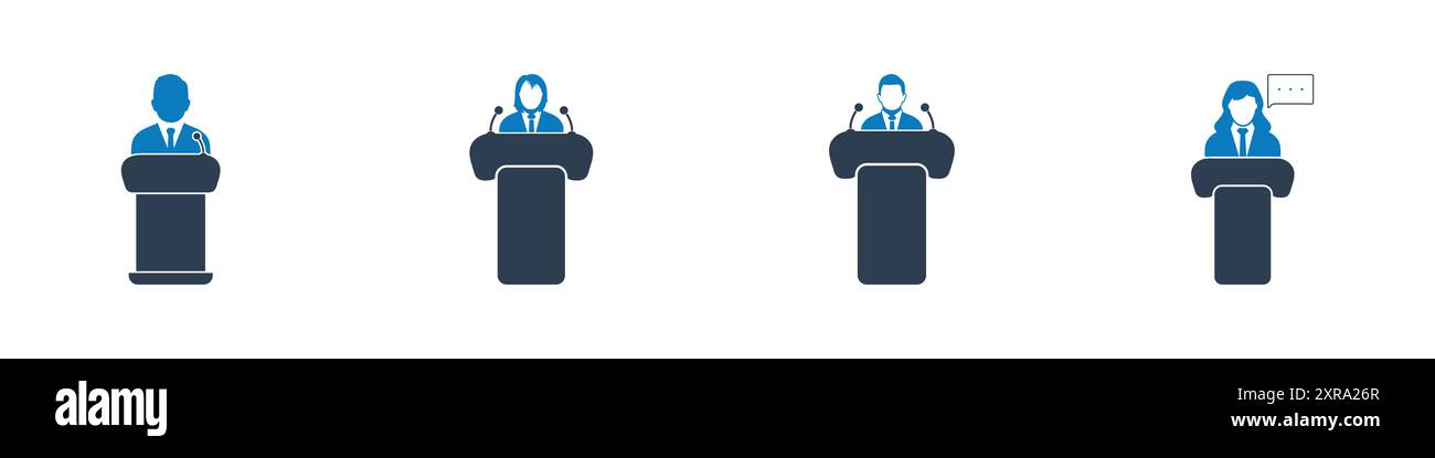 Jeu d'icônes de prise de parole en public. Collection de leader, haut-parleur, microphone, podium, présentation, séminaire, Conférence, Président, politicien et plus d'icônes. Illustration de Vecteur