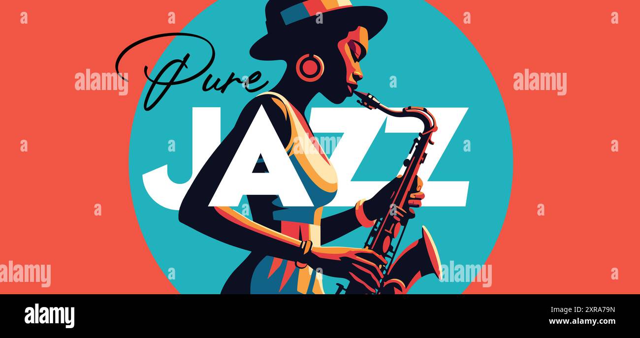 Pure Jazz - saxophone jouant un musicien de jazz afro-américain dans des couleurs vibrantes illustration vectorielle minimaliste. Illustration de Vecteur