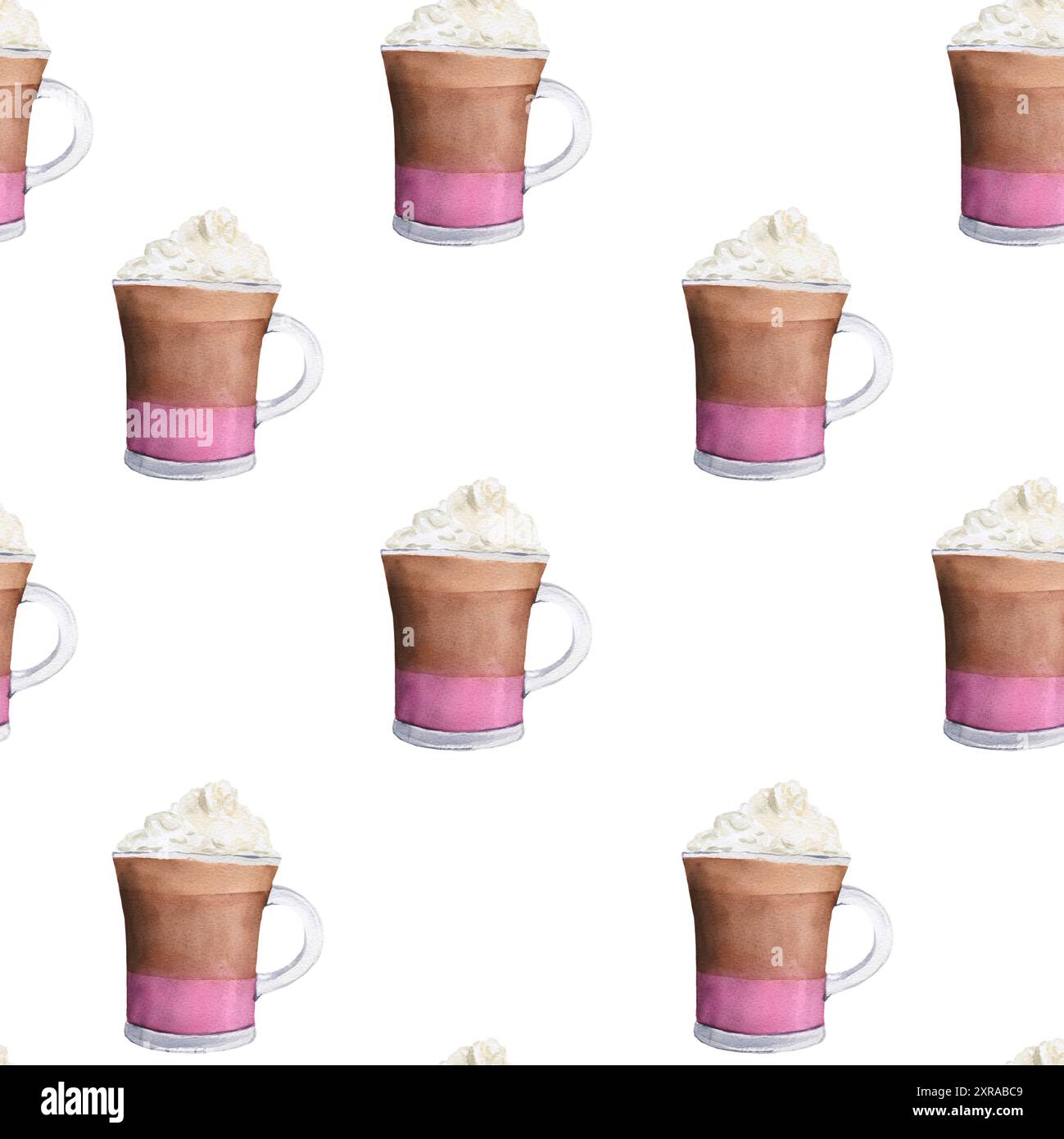 Motif aquarelle sans couture avec des verres de latte cerise. Illustration d'aquarelle faite à la main sur fond blanc. Pour papier d'emballage, textile, papier peint Banque D'Images