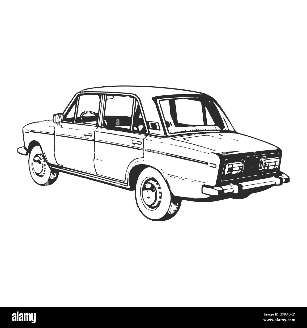 Vieille voiture de l'ère soviétique. Modèle Lada VAZ Zhiguli. Illustration vectorielle d'encre dessinée à la main. Dessin vectoriel d'esquisse. Illustration de Vecteur
