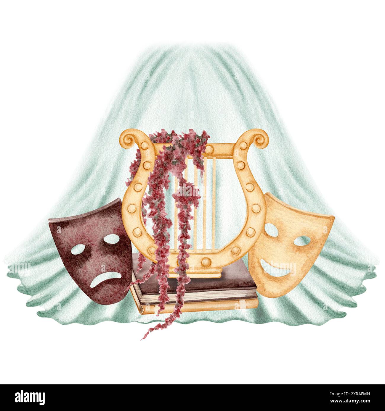 Lyre grecque antique avec masques d'acteurs théâtraux. Instrument de musique antique. Illustration aquarelle isolée de l'arrière-plan. Pour théâtre et pla Banque D'Images