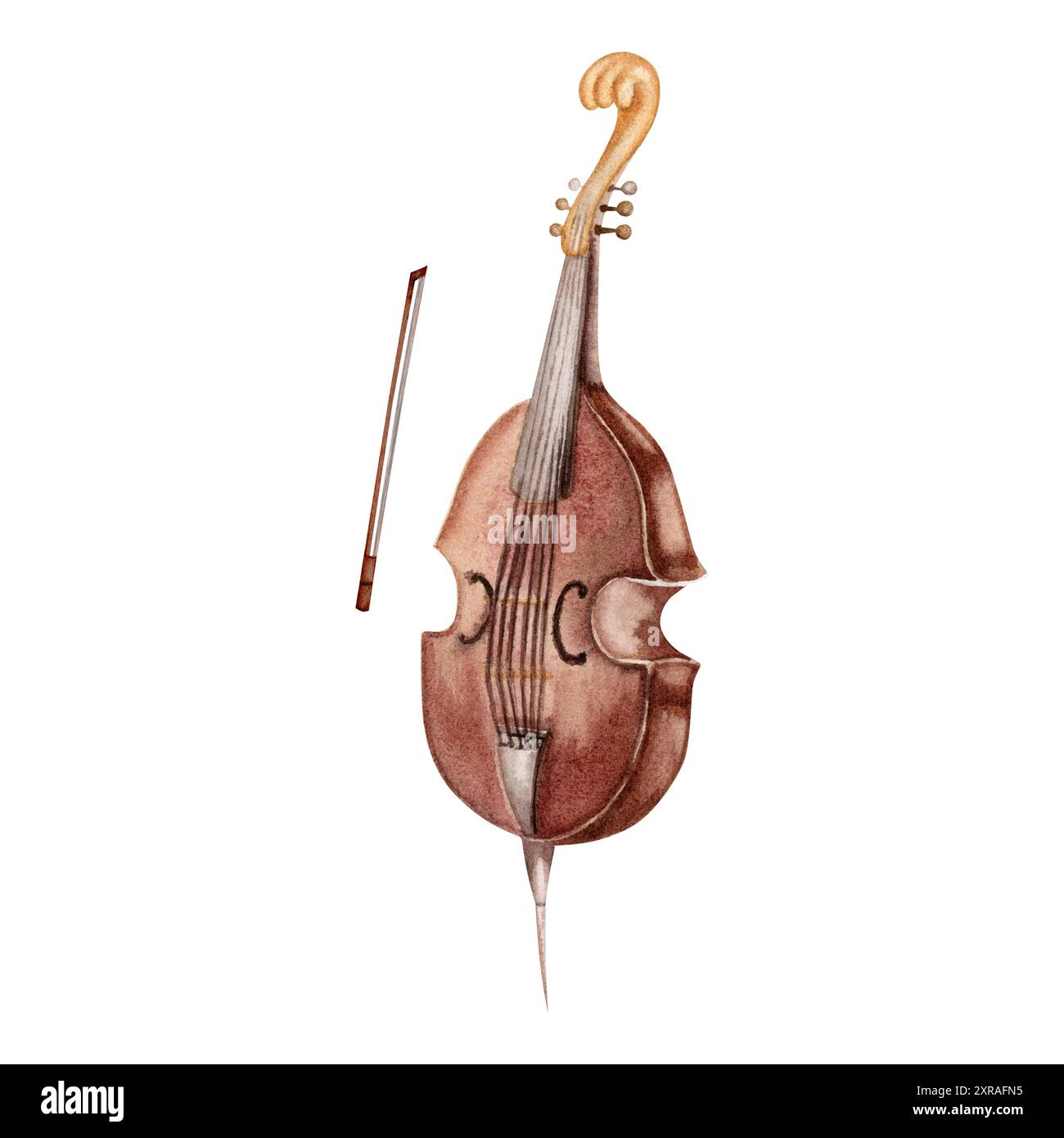 Instrument de musique vintage double Bass. Viola da gamba classique avec un clip arc de corde Illustration d'aquarelle dessinée à la main isolée sur le dos blanc Banque D'Images
