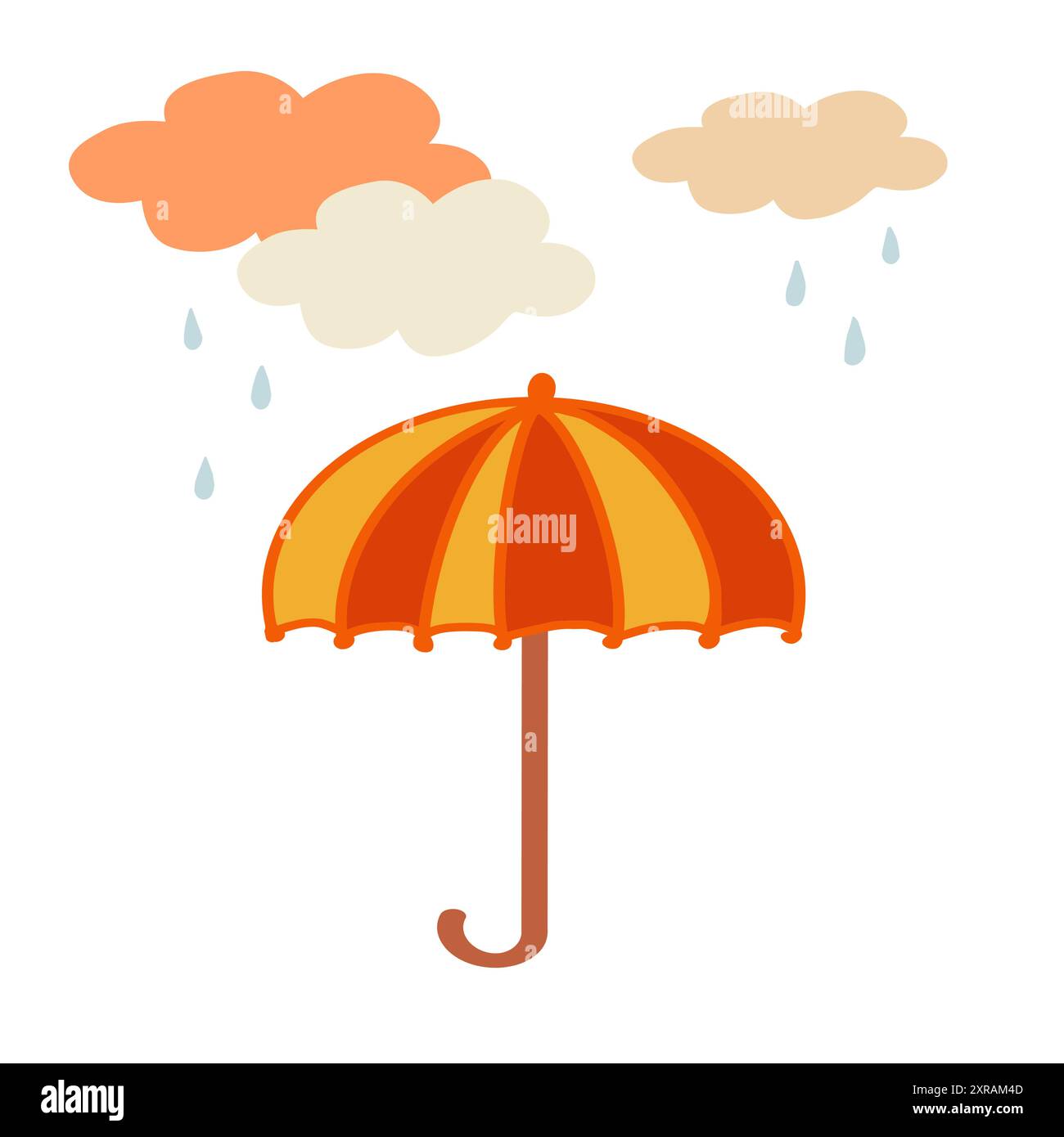 Parapluie orange vif sous des nuages colorés avec des gouttelettes de pluie dans un design fantaisiste Illustration de Vecteur