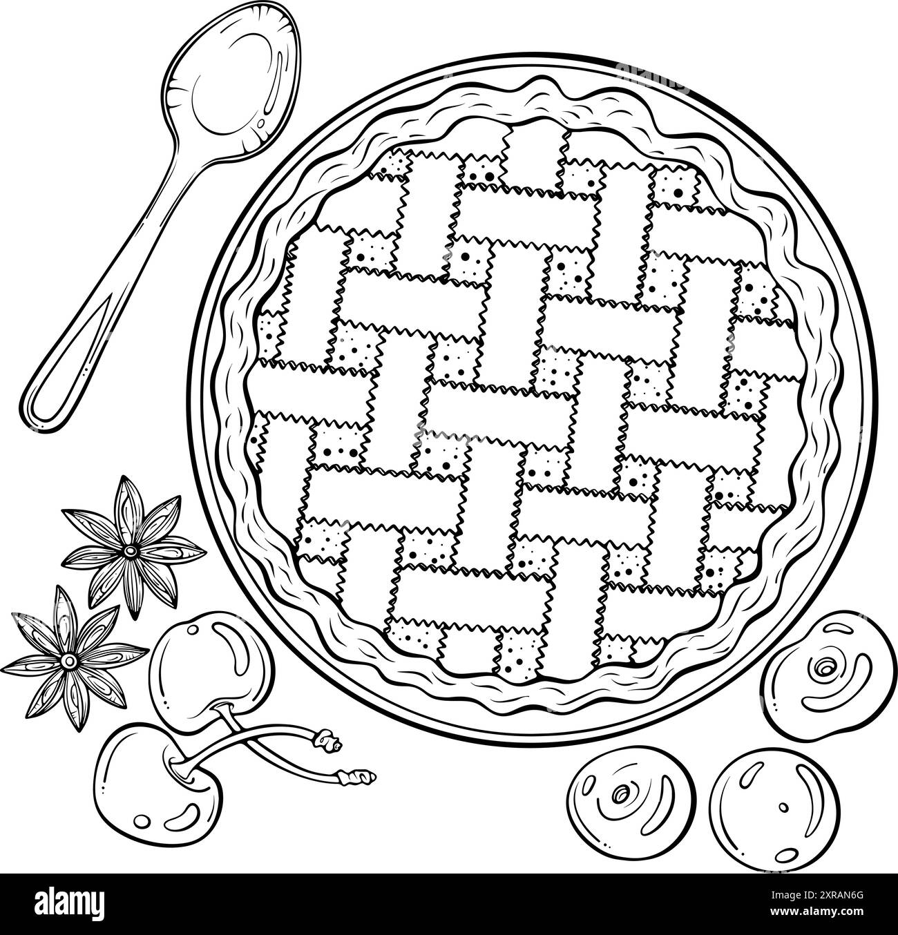 Composition de tarte aux cerises vue de dessus dessin au trait Illustration de Vecteur