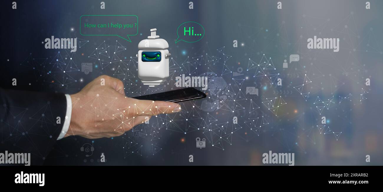 Bot de chat numérique, application robot, assistant de conversation, concept d'intelligence artificielle IA. Homme à l'aide d'un téléphone intelligent mobile, avec chat numérique bot o Banque D'Images
