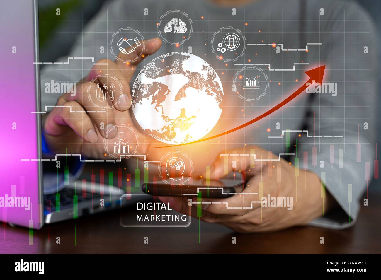 Homme d'affaires utilisant le téléphone mobile intelligent, la technologie de connexion Internet mondiale et le marketing numérique, la finance et la banque, la technologie de liaison numérique, grand d Banque D'Images