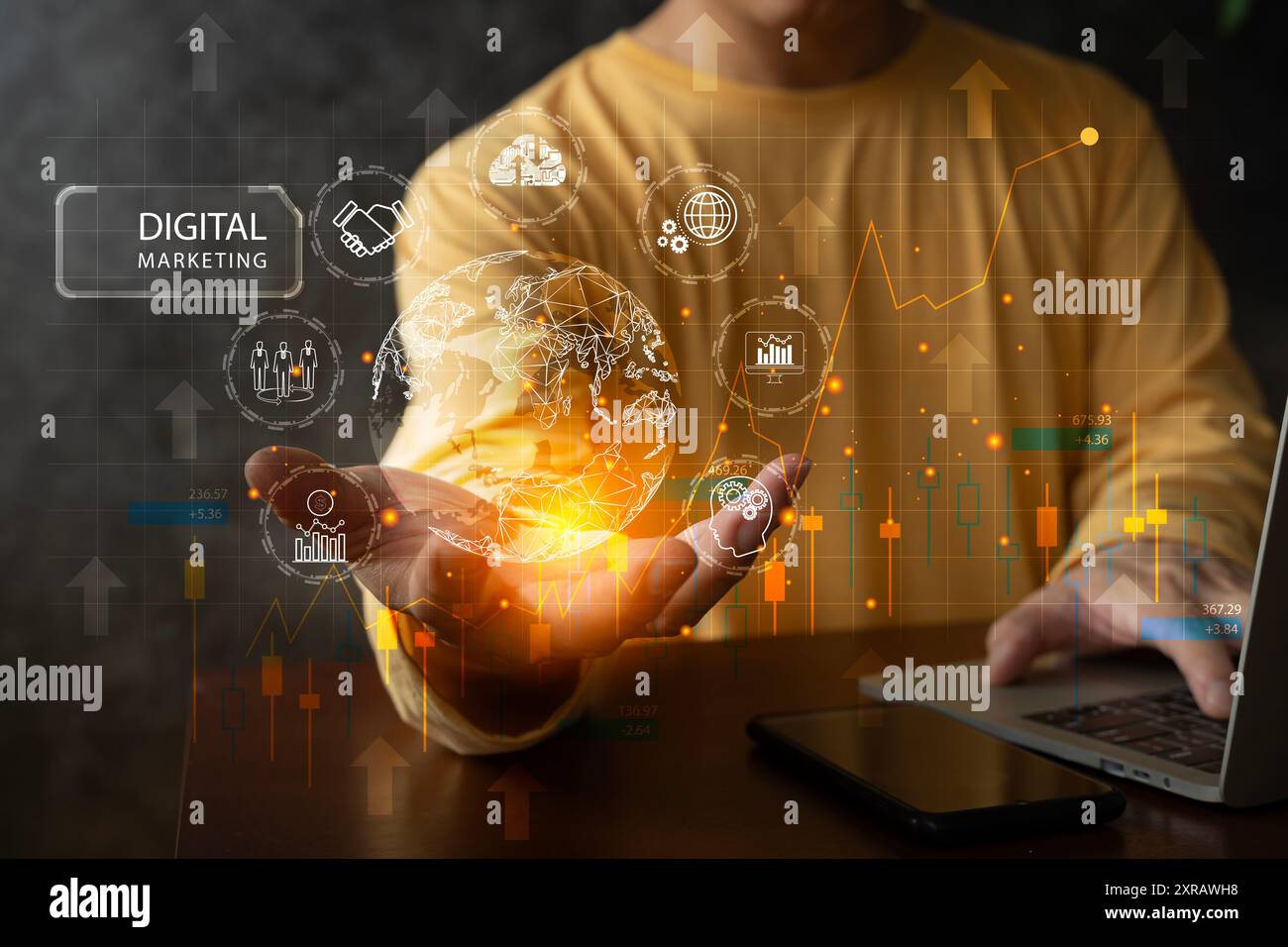 Le graphique d'analyse de marketing numérique de données de la lumière luisante avec ampoule dans fond sombre. Illustration 3D dans concepts technologiques. Paiement par clic (PPC) d Banque D'Images