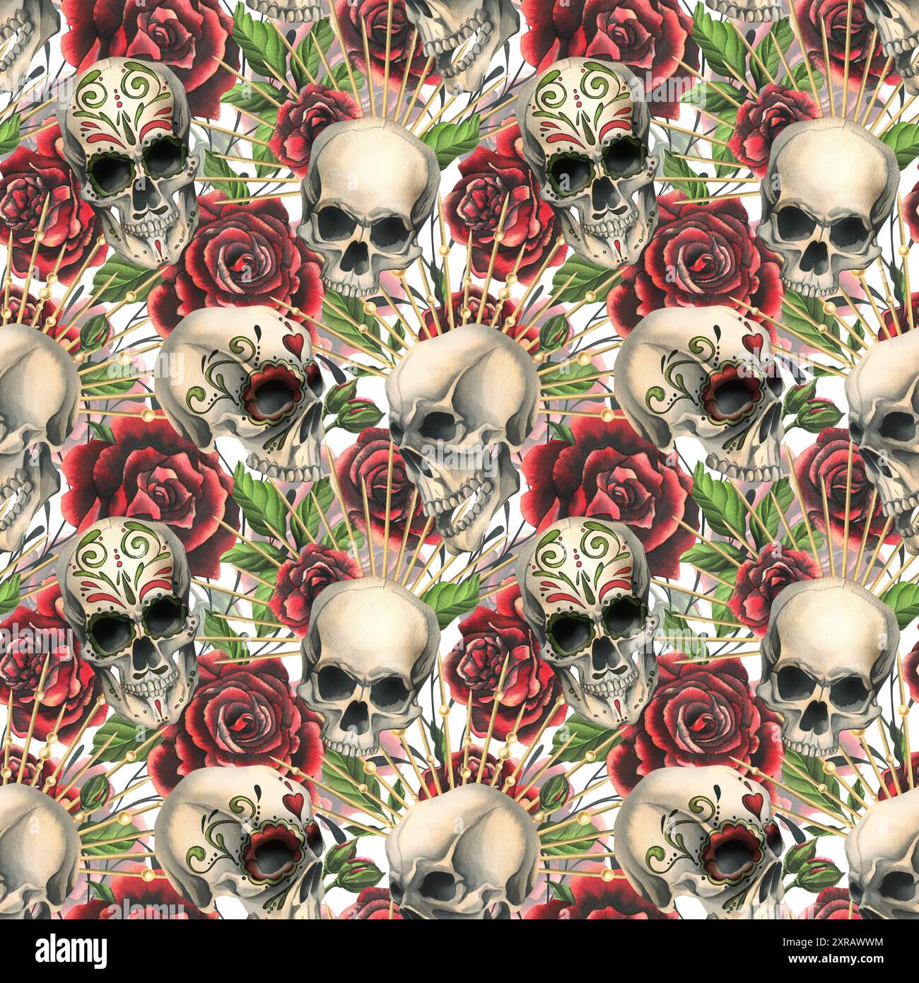 Crânes humains avec un ornement, roses rouges dans une couronne dorée, branches. Illustration aquarelle dessinée à la main pour Halloween, jour des morts, Dia de los Banque D'Images