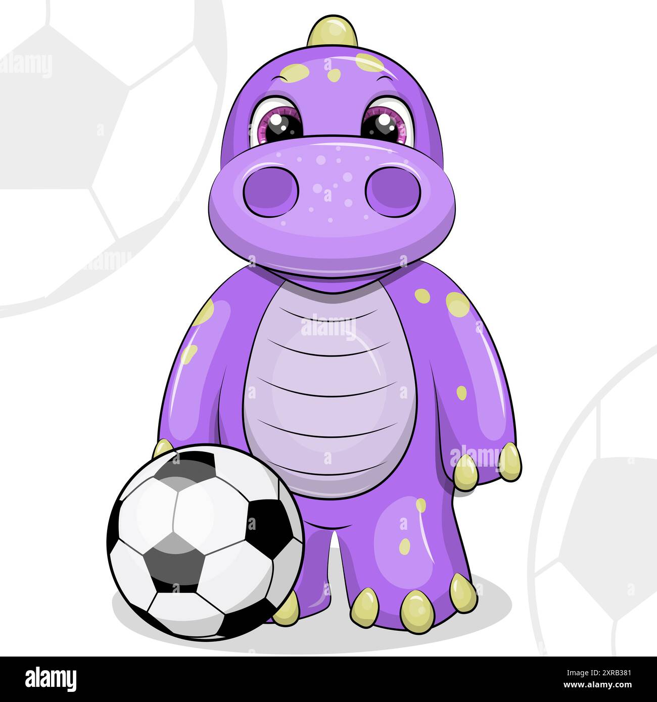 Dinosaure de dessin animé mignon avec ballon de football. Illustration vectorielle d'un animal jouant au football sur un fond blanc avec des balles. Illustration de Vecteur