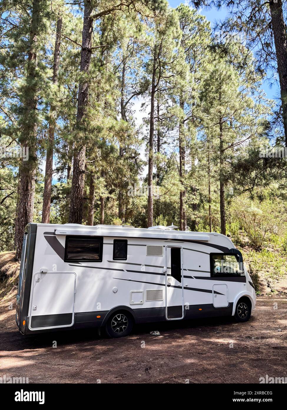 Un camping-car camping-car moderne dans la nature seule pour des vacances de voyage de liberté alternative. Vivre hors réseau dans le style vanlife. Véhicule récréatif dans la forêt des bois Banque D'Images