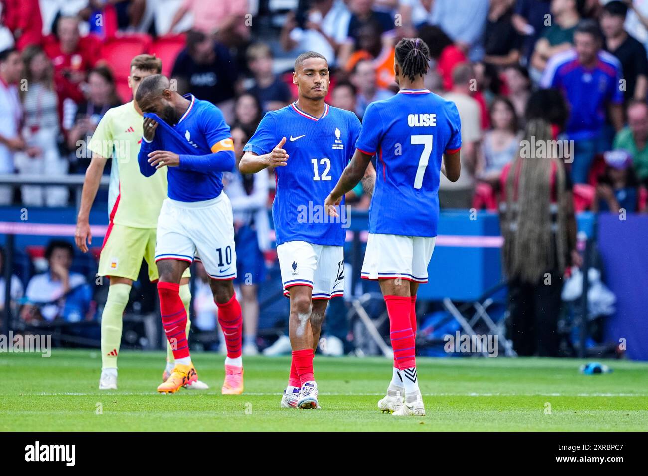 Enzo Millot of France celebrates a goal during Men's Gold Medal Match of the Football between France and Spain on Parc des Princes during the Paris 2024 Olympics Games on August 9, 2024 in Paris, France. AFP7 09/08/2024 (Europa Press via AP) Banque D'Images