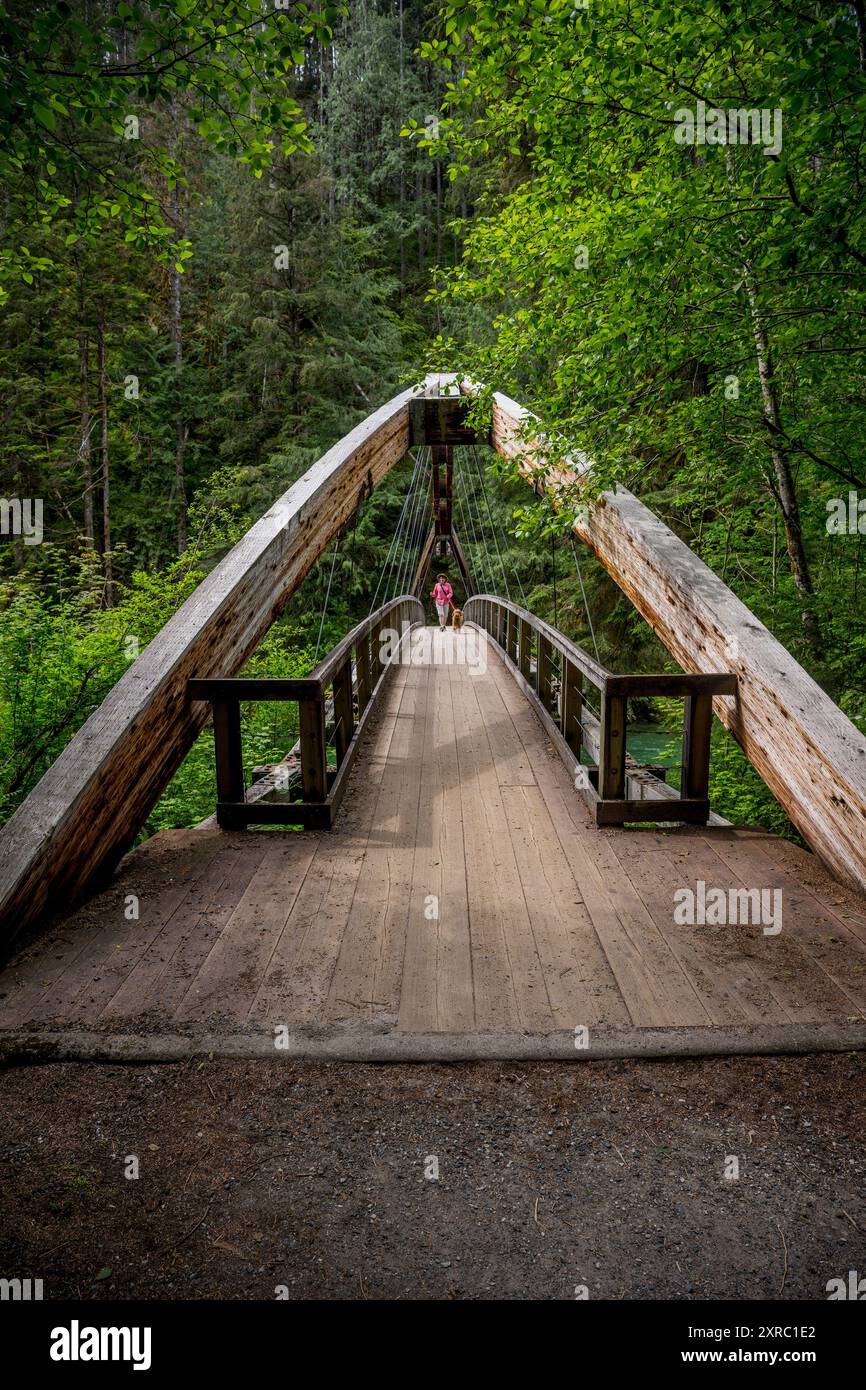 Une femme (libérée) avec un doodle doré miniature traversent le pont sur la rivière Middle Fork Snoqualmie au début du sentier du Middle Fork Sn Banque D'Images