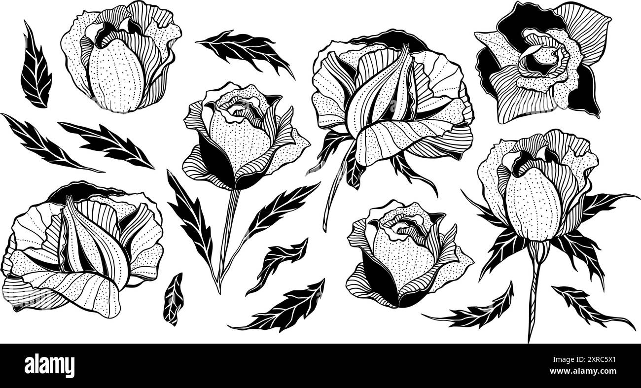 Collection de fleurs de rose stylisées fantaisie noir et blanc, ensemble de conception de tatouage, impressions d'art méditatives encreuses, Pack d'éléments décoratifs vectoriels Illustration de Vecteur