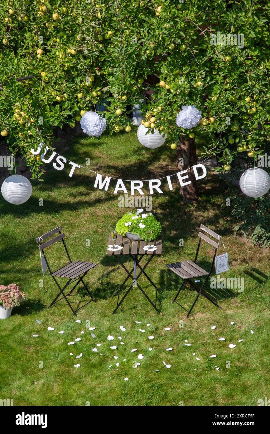 Une guirlande avec l'inscription Just Married est suspendue à un pommier avec des pommes vertes et des lanternes blanches dans le jardin, un signe avec l'inscription M Banque D'Images