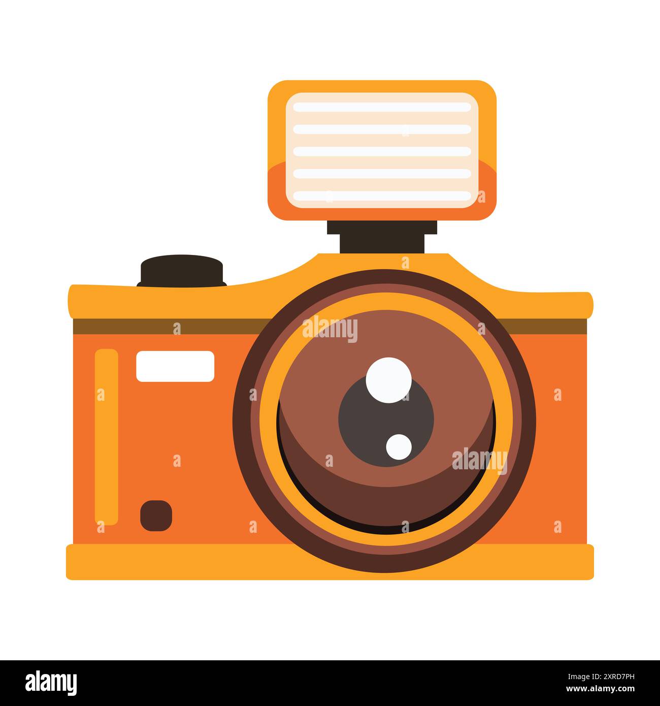 Une illustration stylisée d'un appareil photo orange et noir avec un grand objectif au centre, un flash attaché sur le dessus, et divers boutons et détails sugg Illustration de Vecteur