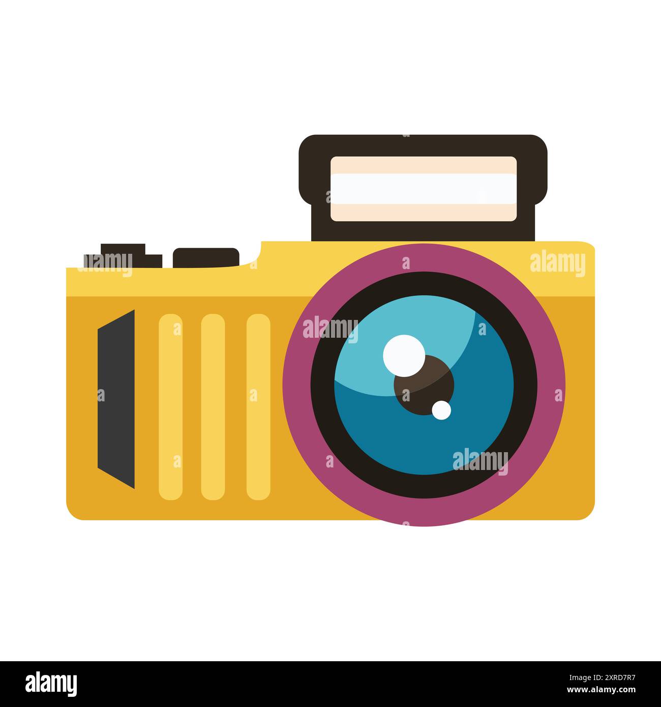 Une illustration numérique vibrante d'un appareil photo avec un grand objectif bleu, un corps jaune et des détails noirs. La caméra est représentée dans un style plat et graphique, Illustration de Vecteur