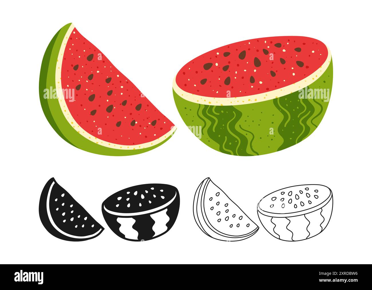 Jeu de dessins animés de symbole de pastèque. Icône de doodle linéaire de tranche mûre et de demi-pastèque. Fruit juteux puéril abstrait dessiné à la main. Signe graphique en forme de pastèque stylisée. Illustration tendance simple vectorielle Illustration de Vecteur