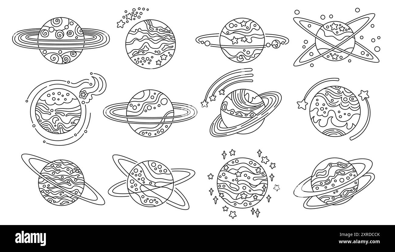 Planètes fantasy dessin animé ensemble pour les enfants. Conception abstraite des planètes galaxiques. Fantastic cosmos, collection Celestial space sphères planètes aménagées Illustration isolée de conception de bande dessinée vectorielle Illustration de Vecteur