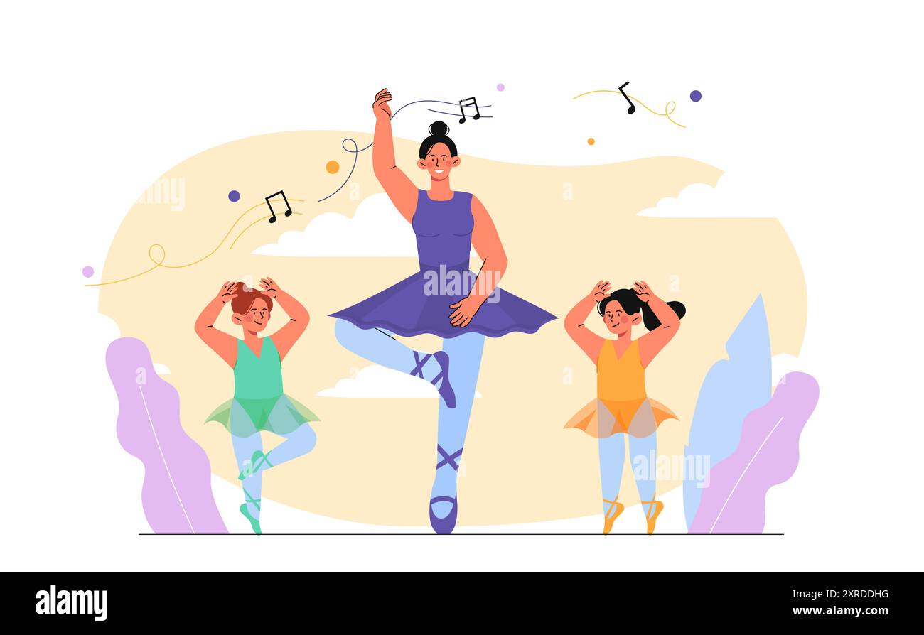 Leçon à l'école de ballet. Femme apprend aux filles à danser. Hobbies et loisirs. Formation et développement des compétences des enfants. Danseurs tutu. Vecteur plat Illustration de Vecteur