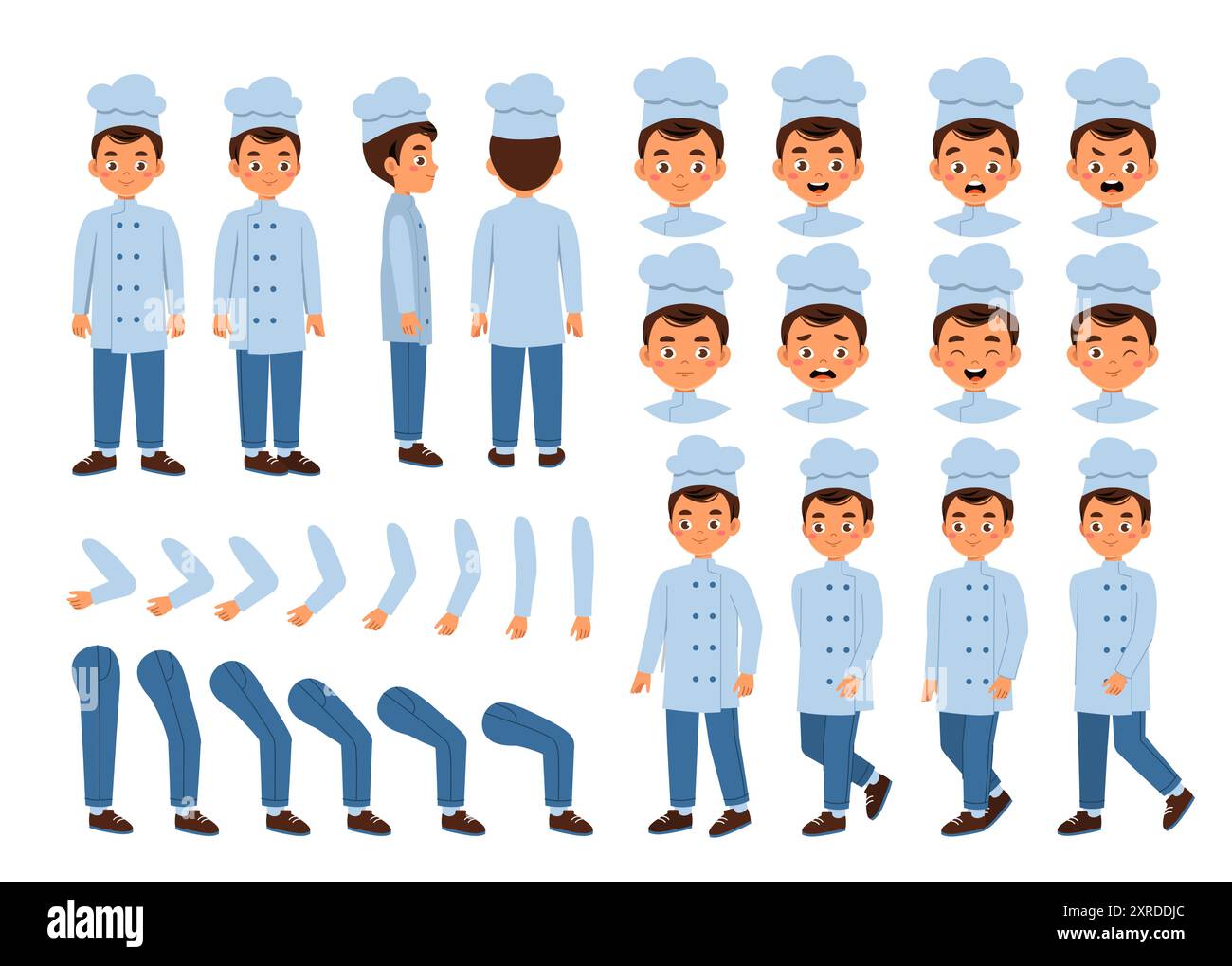 Chef constructeur masculin. Cuisinez en chapeau dans différentes poses. Pack de têtes, jambes et mains pour créer des animations. Profession de traiteur. Vecteur plat Illustration de Vecteur