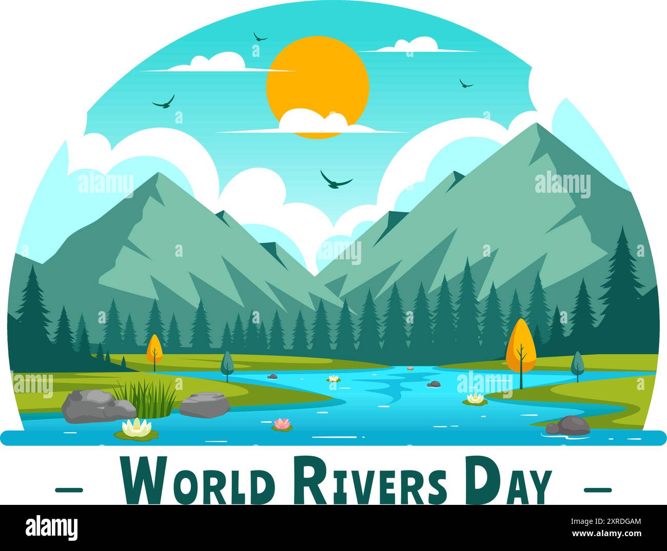 Illustration vectorielle d'un paysage de rivière avec des vues sur la montagne, des champs verts, des arbres et des forêts entourant les rivières dans un fond de dessin animé plat Illustration de Vecteur