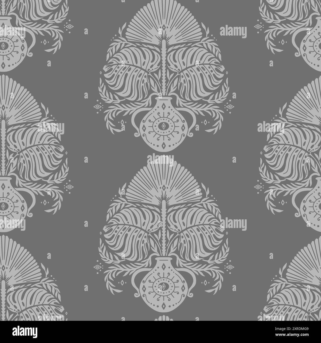 Motif Damas gris sans couture avec motifs tropicaux Illustration de Vecteur