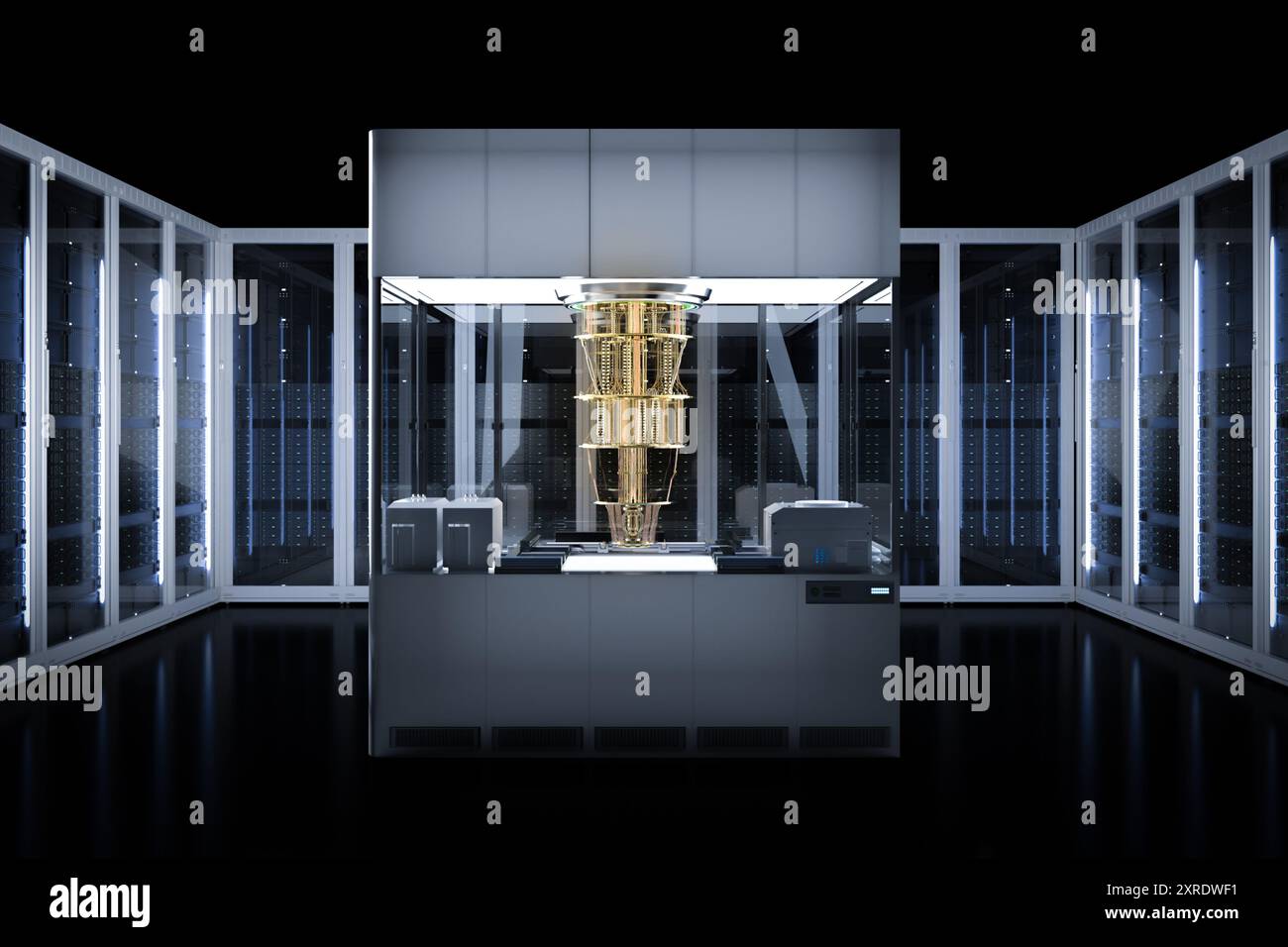 réseau de serveur quantique de rendu 3d avec machine informatique quantique dans la salle des serveurs Banque D'Images