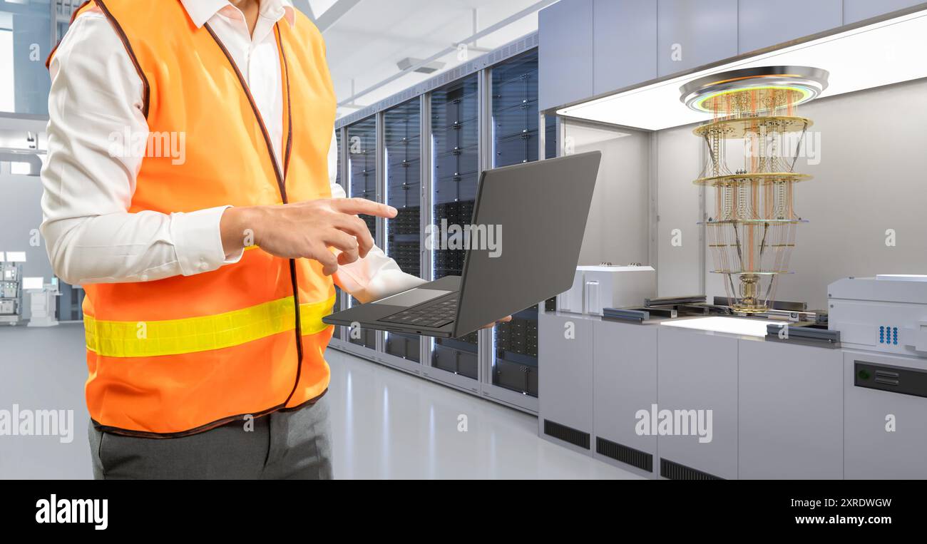 La technologie d'ingénierie quantique avec l'ingénieur développe la machine d'ordinateur quantique dans le bouclier Banque D'Images