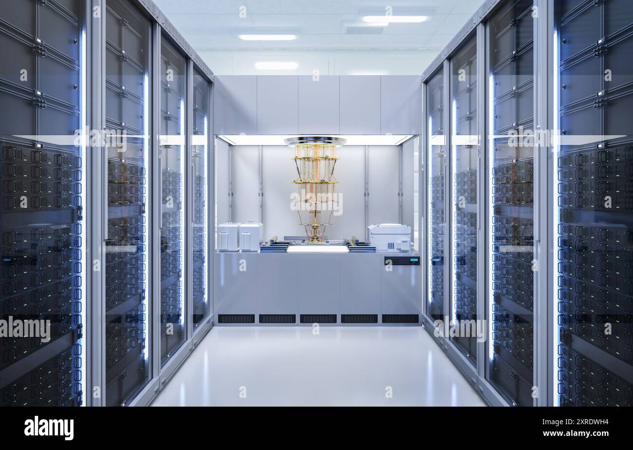 réseau de serveur quantique de rendu 3d avec machine informatique quantique dans la salle des serveurs Banque D'Images