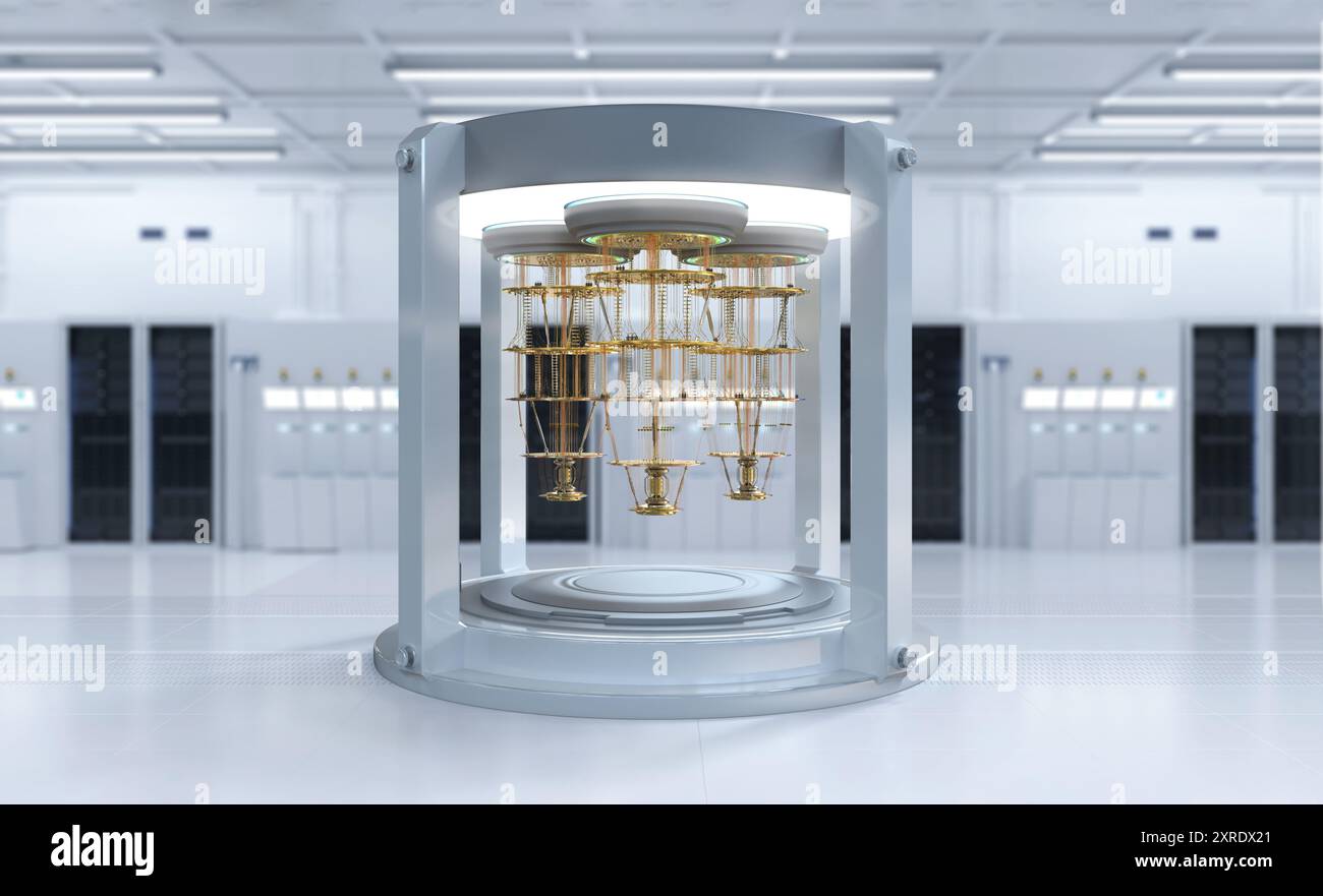 réseau de serveur quantique de rendu 3d avec machine informatique quantique dans la salle des serveurs Banque D'Images