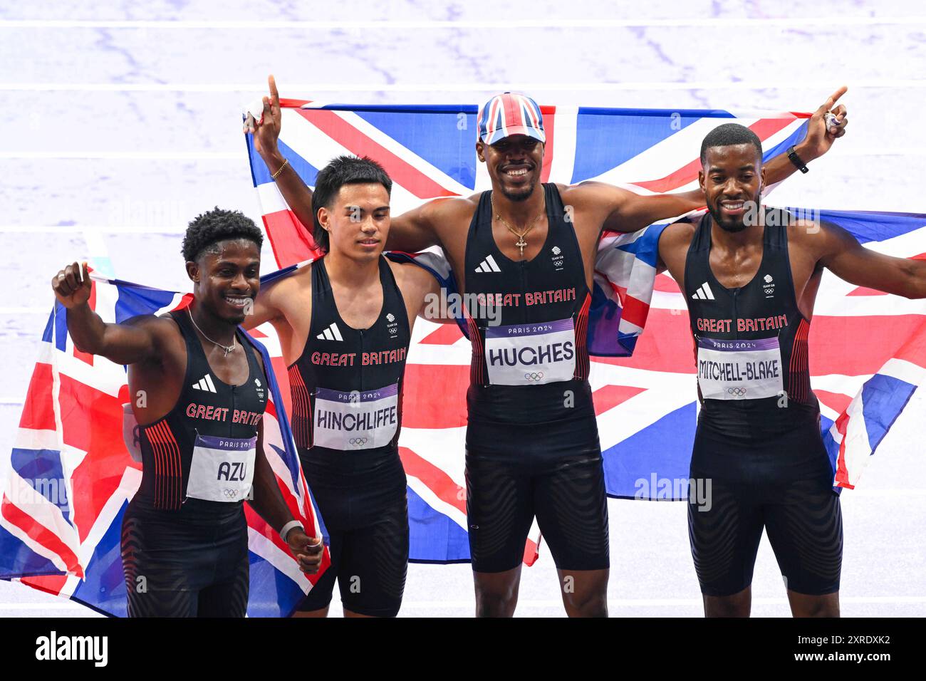 Saint Denis, France. 09 août 2024. AZU Jeremiah, HINCHLIFFE Louie, HUGHES Zharnel, MITCHELL BLAKE Nethaneel ( Team Great Britain ) Médaille de bronze, Athlétisme, finale du relais 4 x 100 m masculin aux Jeux Olympiques de Paris 2024 le 9 août 2024 au stade de France à Saint-Denis près de Paris, France - photo Federico Pestellini/Panoramic/DPPI crédit média: DPPI Media/Alamy Live News Banque D'Images