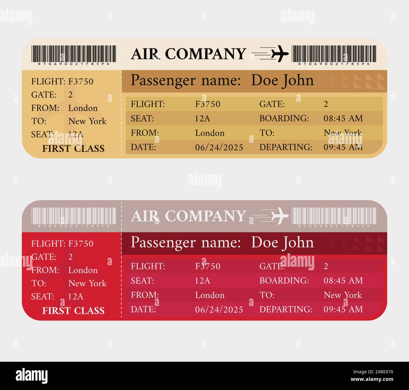 Billet d'avion avec carte d'embarquement avec texte modifiable et code-barres. Billet d'avion avec heure d'embarquement et de départ. Illustration de Vecteur