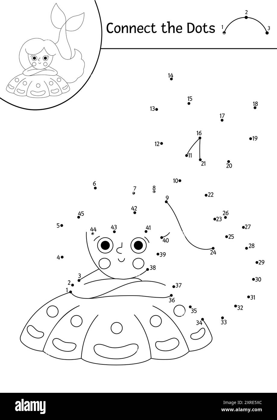 Vecteur point à point et activité de couleur avec sirène mignonne sur coquillage. Ocean Kingdom connecter le jeu de points avec la princesse de la mer. Page de coloration marine pour ki Illustration de Vecteur