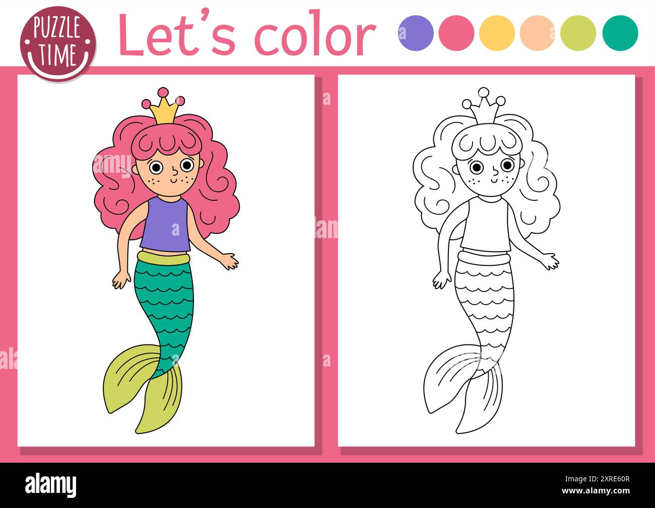 Page de coloriage Sirène pour les enfants avec princesse marine mignonne. Illustration vectorielle de contour de Royaume océanique. Livre de couleur pour les enfants avec exemple coloré. Underw Illustration de Vecteur