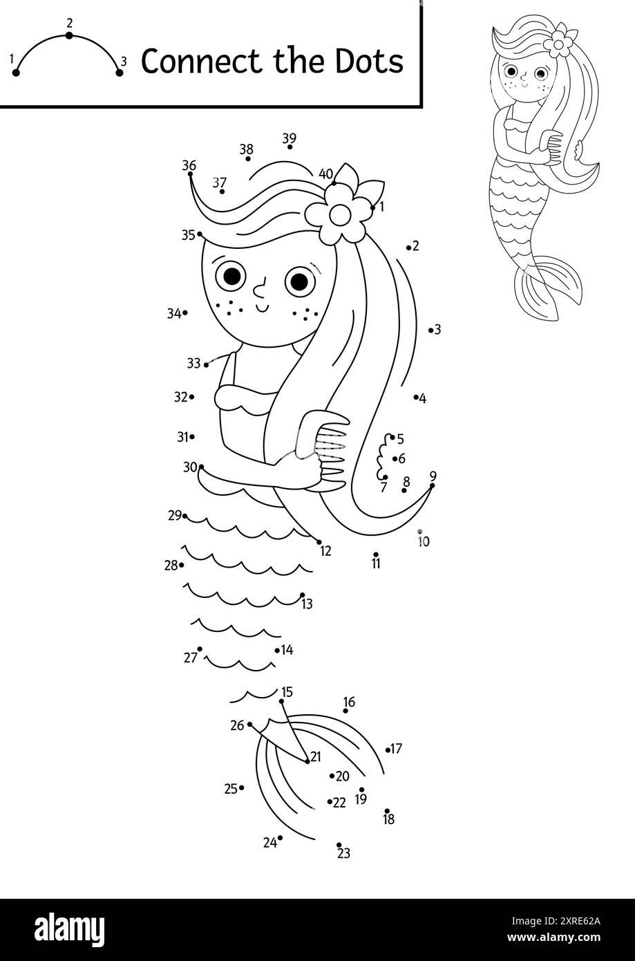 Vecteur point à point et activité de couleur avec sirène mignonne peignant ses cheveux. Ocean Kingdom connecter le jeu de points avec la princesse de la mer. Page de coloration marine f Illustration de Vecteur