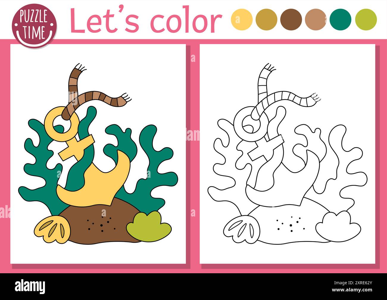 Page de coloriage Sirène pour les enfants avec ancre de mer mignonne. Illustration vectorielle de contour de Royaume océanique. Livre de couleur pour les enfants avec exemple coloré. Underwat Illustration de Vecteur