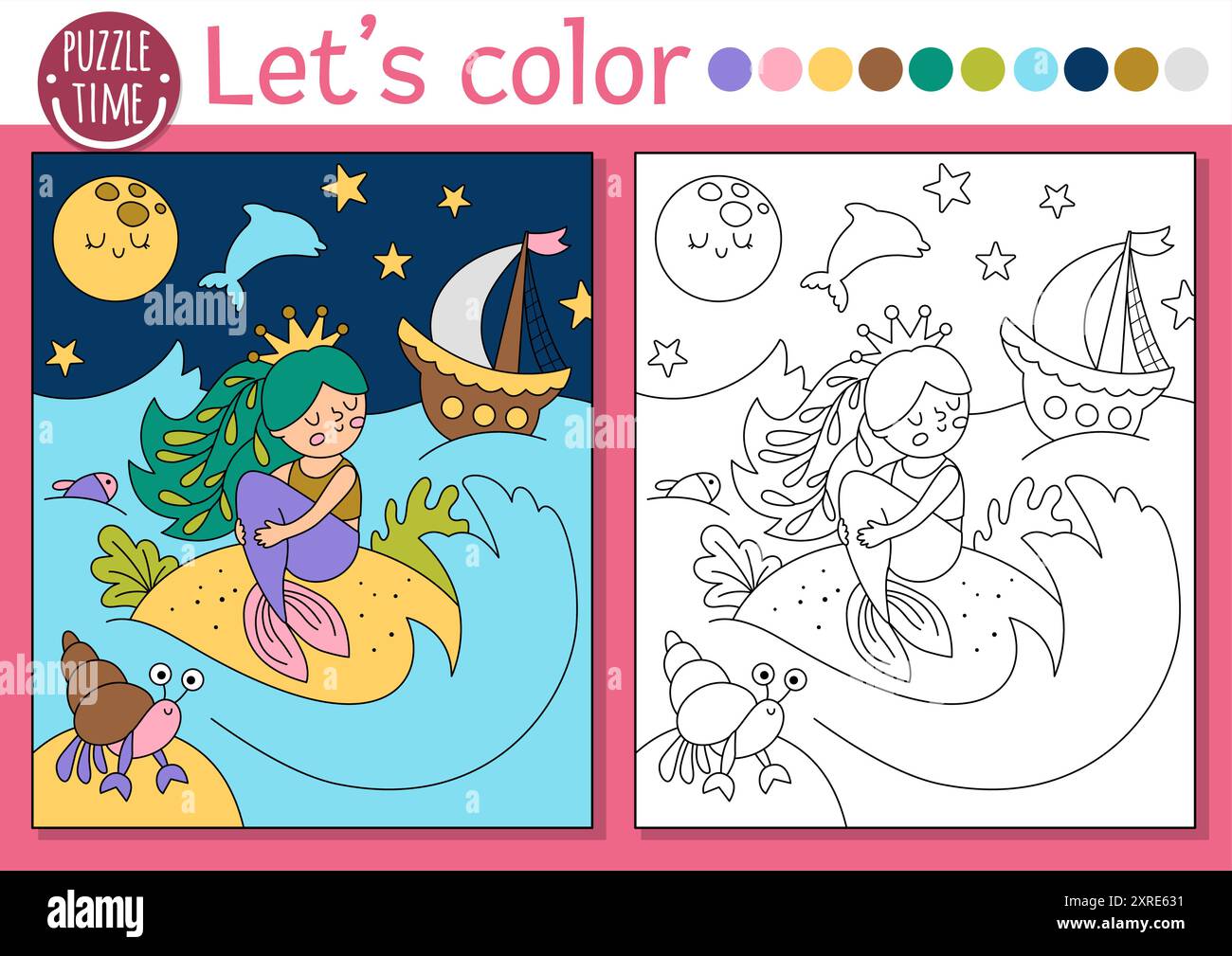 Page à colorier Sirène pour les enfants avec princesse de mer, bateau, ciel nocturne. Illustration vectorielle de contour avec scène de Royaume de l'océan. Livre de couleurs pour les enfants. UEDN Illustration de Vecteur