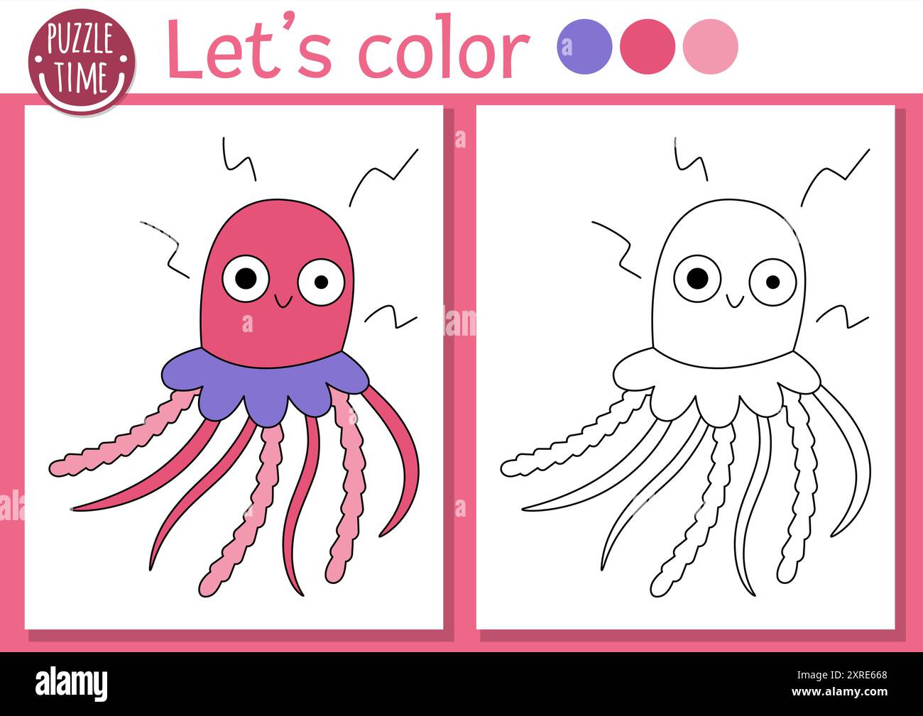 Page de coloriage Sirène pour les enfants avec méduses mignonnes. Illustration vectorielle de contour de Royaume océanique. Livre de couleur pour les enfants avec exemple coloré. Underwate Illustration de Vecteur