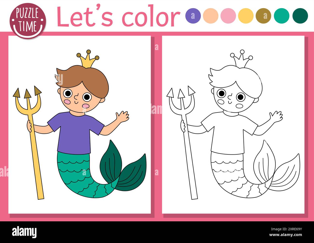 Page de coloriage Sirène pour les enfants avec prince de mer mignon. Illustration vectorielle de contour de Royaume océanique. Livre de couleur pour les enfants avec exemple coloré. Underwat Illustration de Vecteur