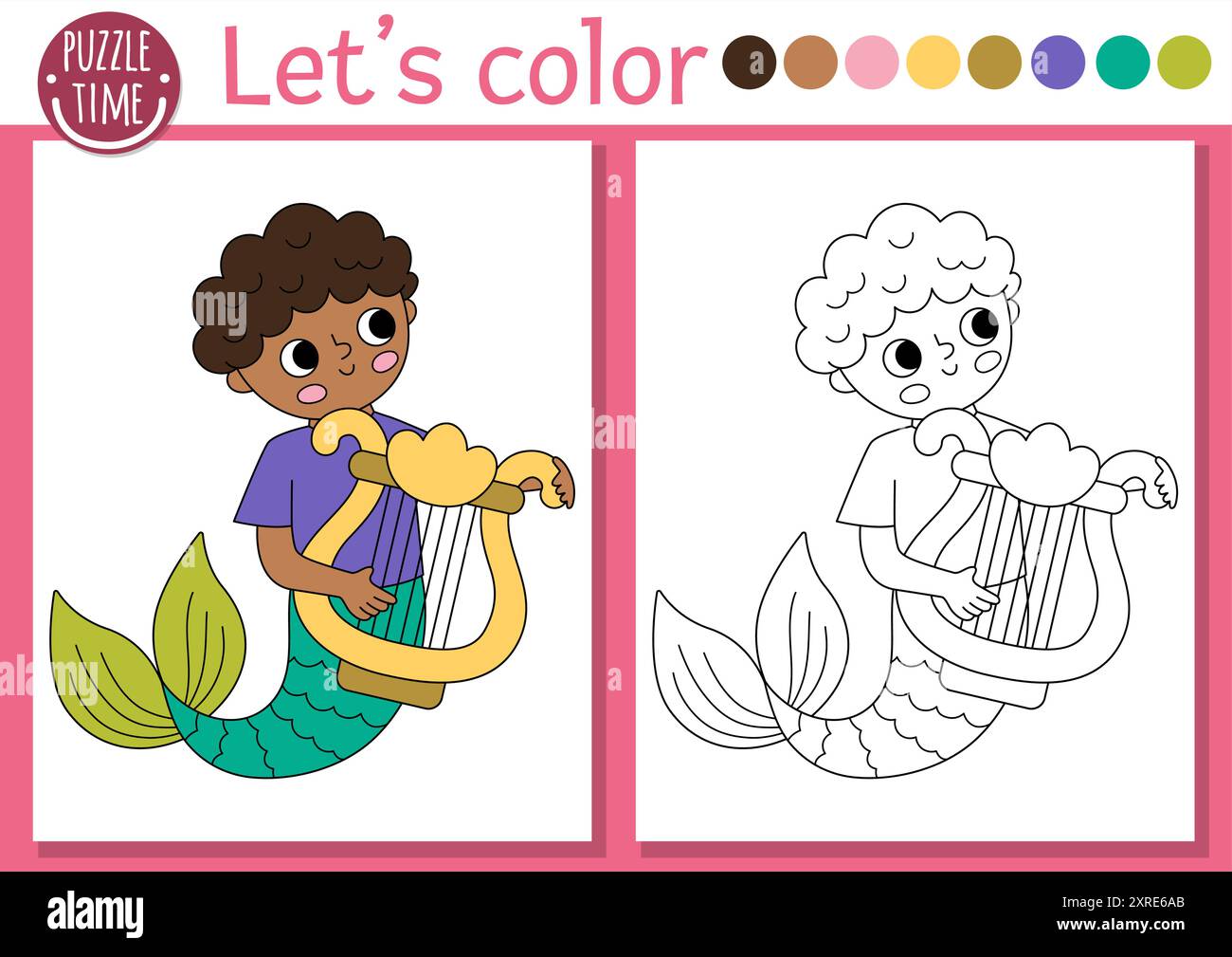 Page de coloriage Sirène pour les enfants avec prince de mer mignon. Illustration vectorielle de contour de Royaume océanique. Livre de couleur pour les enfants avec exemple coloré. Underwat Illustration de Vecteur