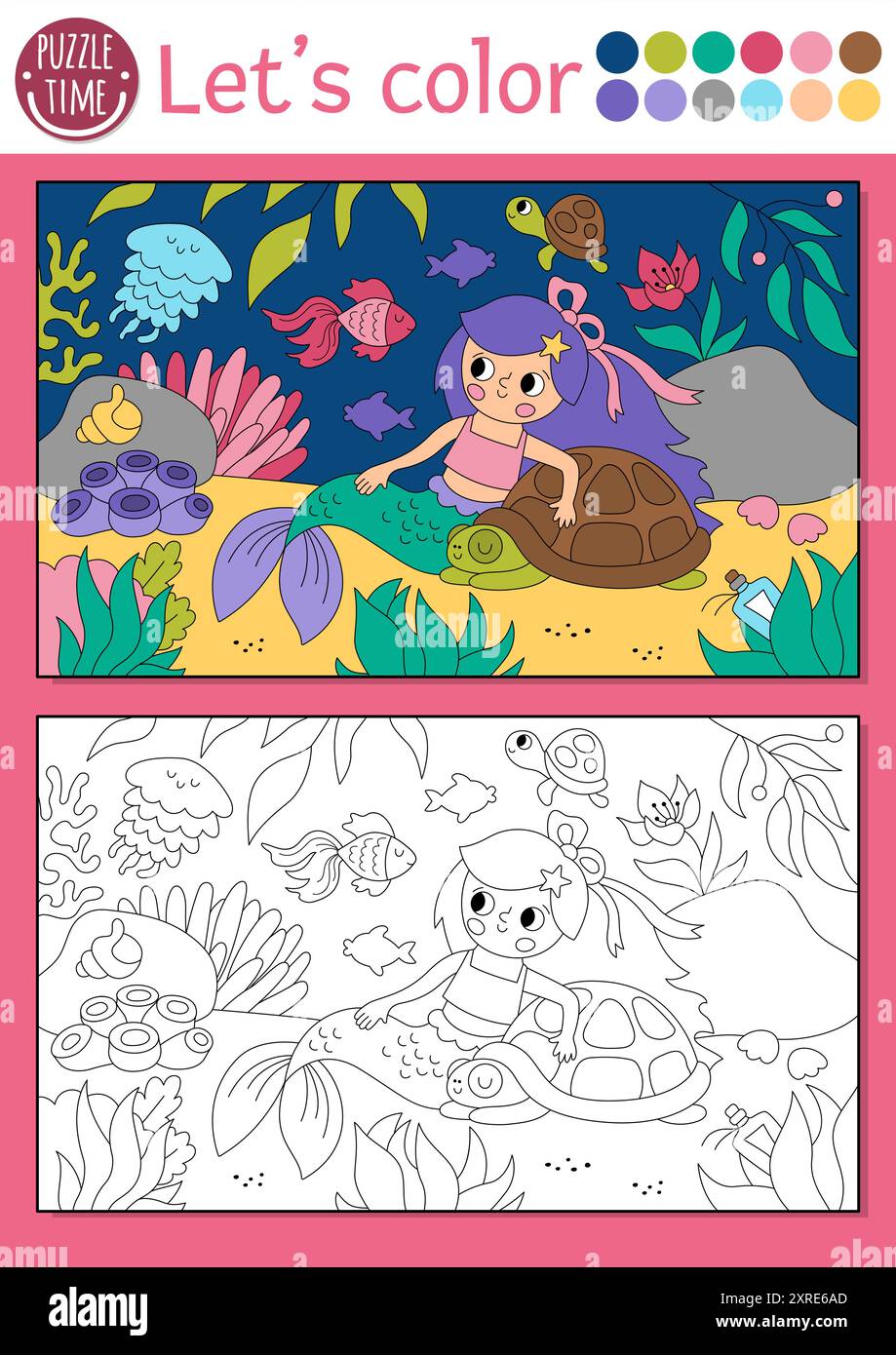 Page à colorier Sirène pour les enfants avec princesse de mer et tortue. Illustration vectorielle de contour avec scène de Royaume de l'océan. Livre de couleurs pour les enfants. Sous l'eau Illustration de Vecteur