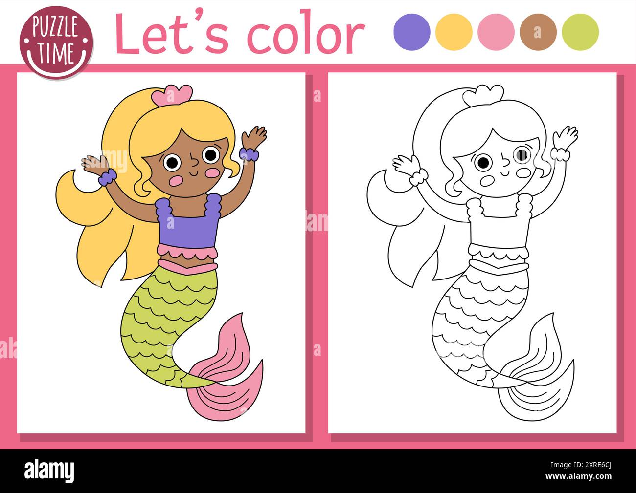 Page de coloriage Sirène pour les enfants avec princesse marine mignonne. Illustration vectorielle de contour de Royaume océanique. Livre de couleur pour les enfants avec exemple coloré. Underw Illustration de Vecteur