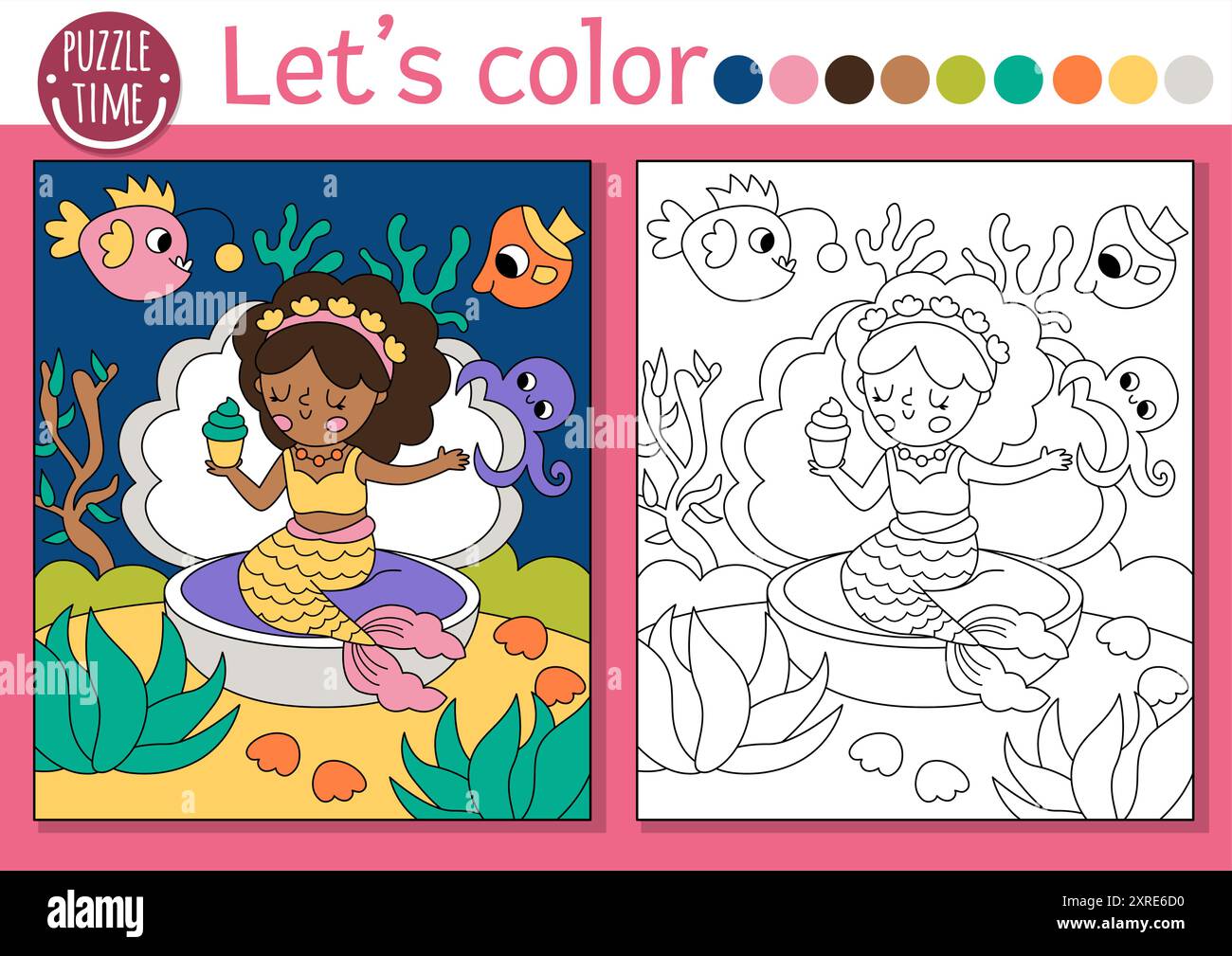 Page de coloriage Sirène pour les enfants avec princesse de mer mangeant cupcake. Illustration vectorielle de contour avec scène de Royaume de l'océan. Livre de couleurs pour les enfants. Underw Illustration de Vecteur