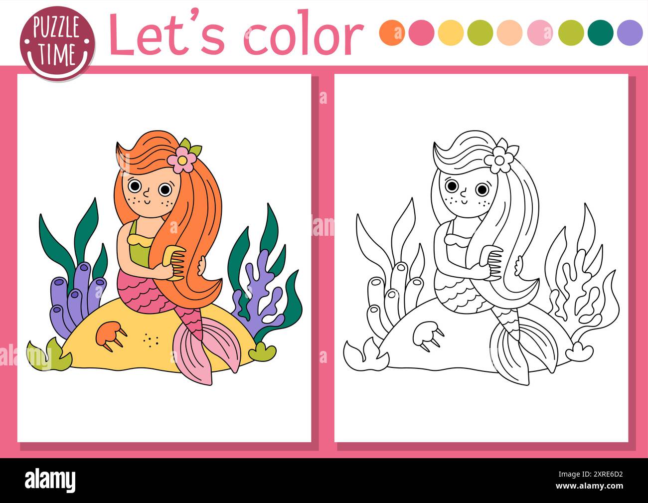 Page de coloriage Sirène pour les enfants avec princesse marine mignonne. Illustration vectorielle de contour de Royaume océanique. Livre de couleur pour les enfants avec exemple coloré. Underw Illustration de Vecteur