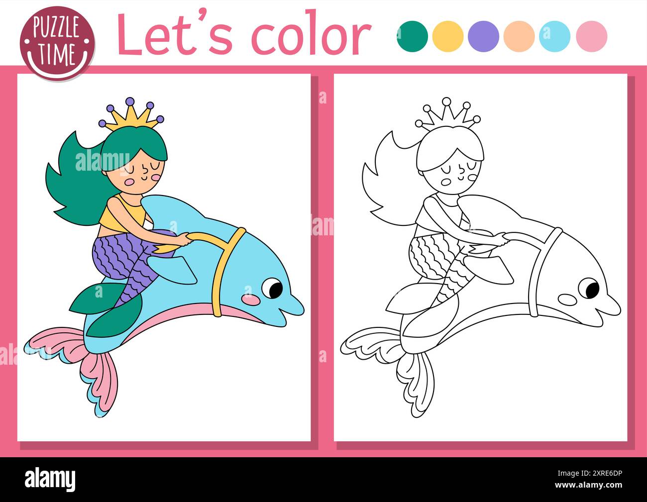 Page de coloriage Sirène pour les enfants avec princesse marine mignonne. Illustration vectorielle de contour de Royaume océanique. Livre de couleur pour les enfants avec exemple coloré. Underw Illustration de Vecteur