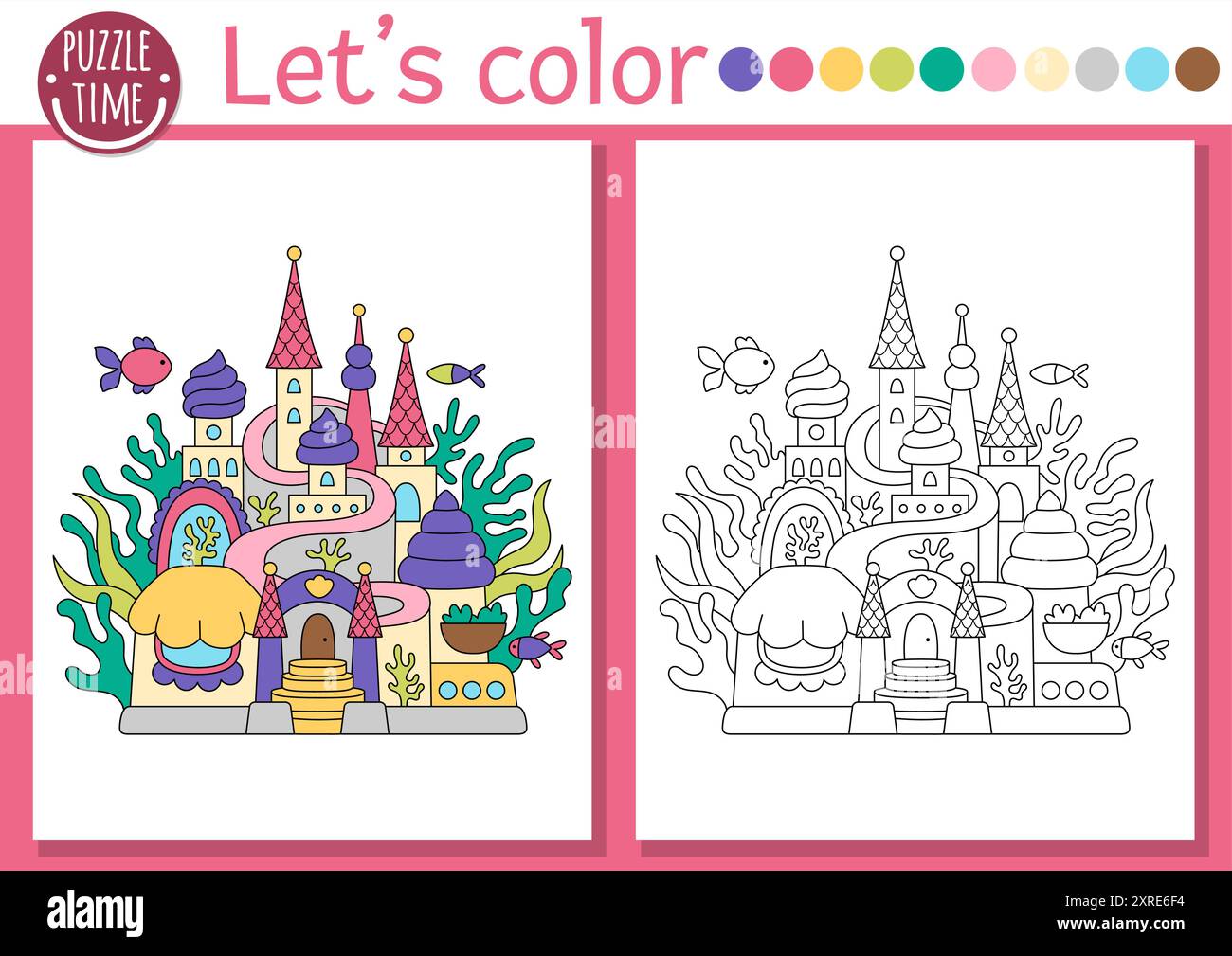 Page de coloriage Sirène pour les enfants avec château de mer mignon. Illustration vectorielle de contour de Royaume océanique. Livre de couleur pour les enfants avec exemple coloré. Underwat Illustration de Vecteur