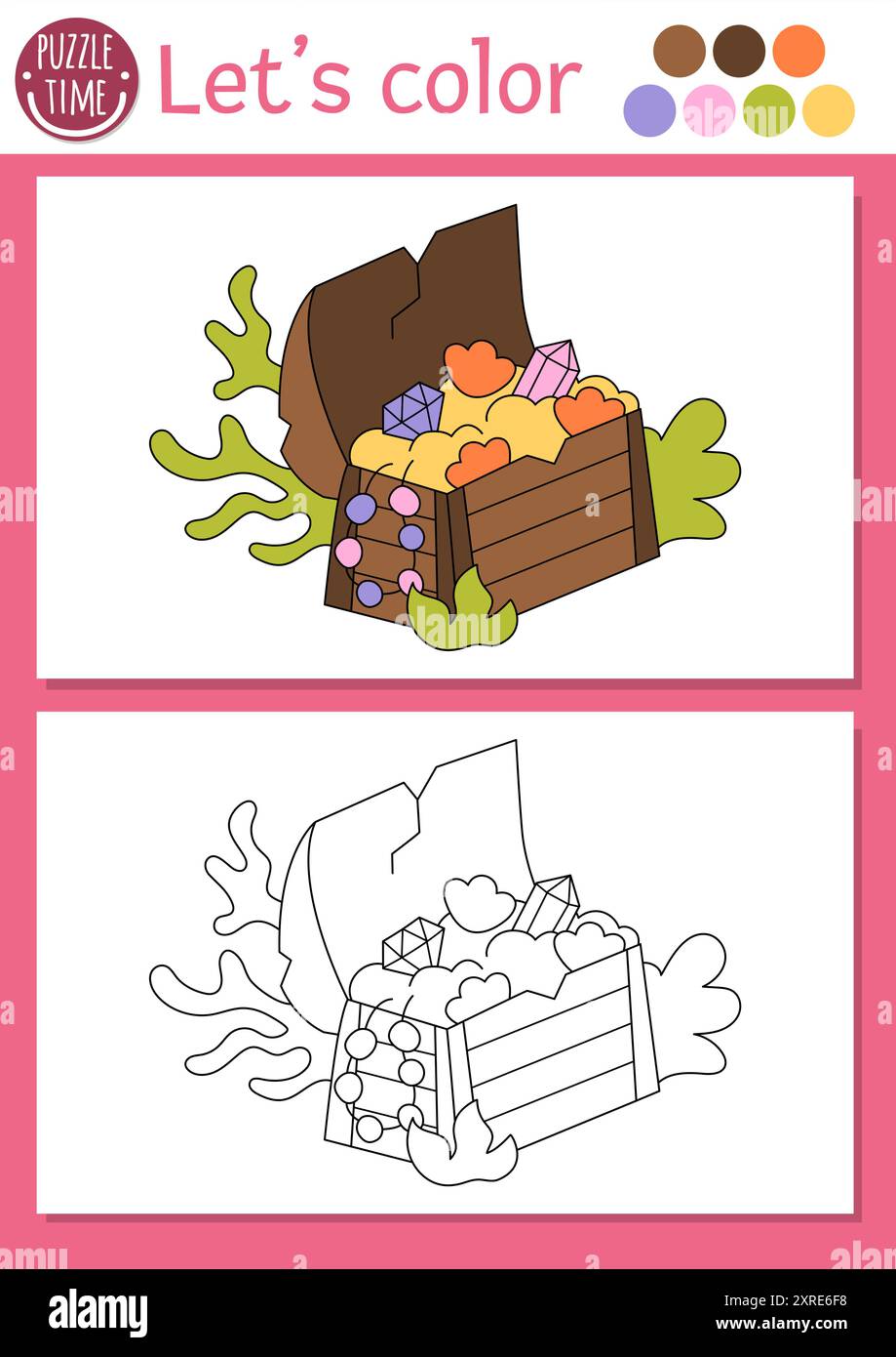 Page de coloriage Sirène pour les enfants avec coffre au trésor mignon. Illustration vectorielle de contour de Royaume océanique. Livre de couleur pour les enfants avec exemple coloré. UEDN Illustration de Vecteur