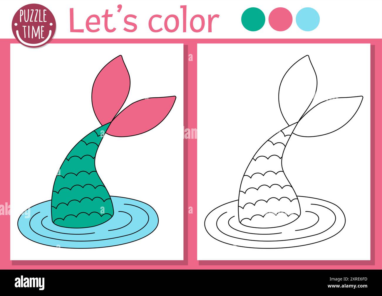 Page de coloriage Sirène pour les enfants avec la queue de princesse de mer mignonne. Illustration vectorielle de contour de Royaume océanique. Livre de couleur pour les enfants avec exemple coloré. U Illustration de Vecteur