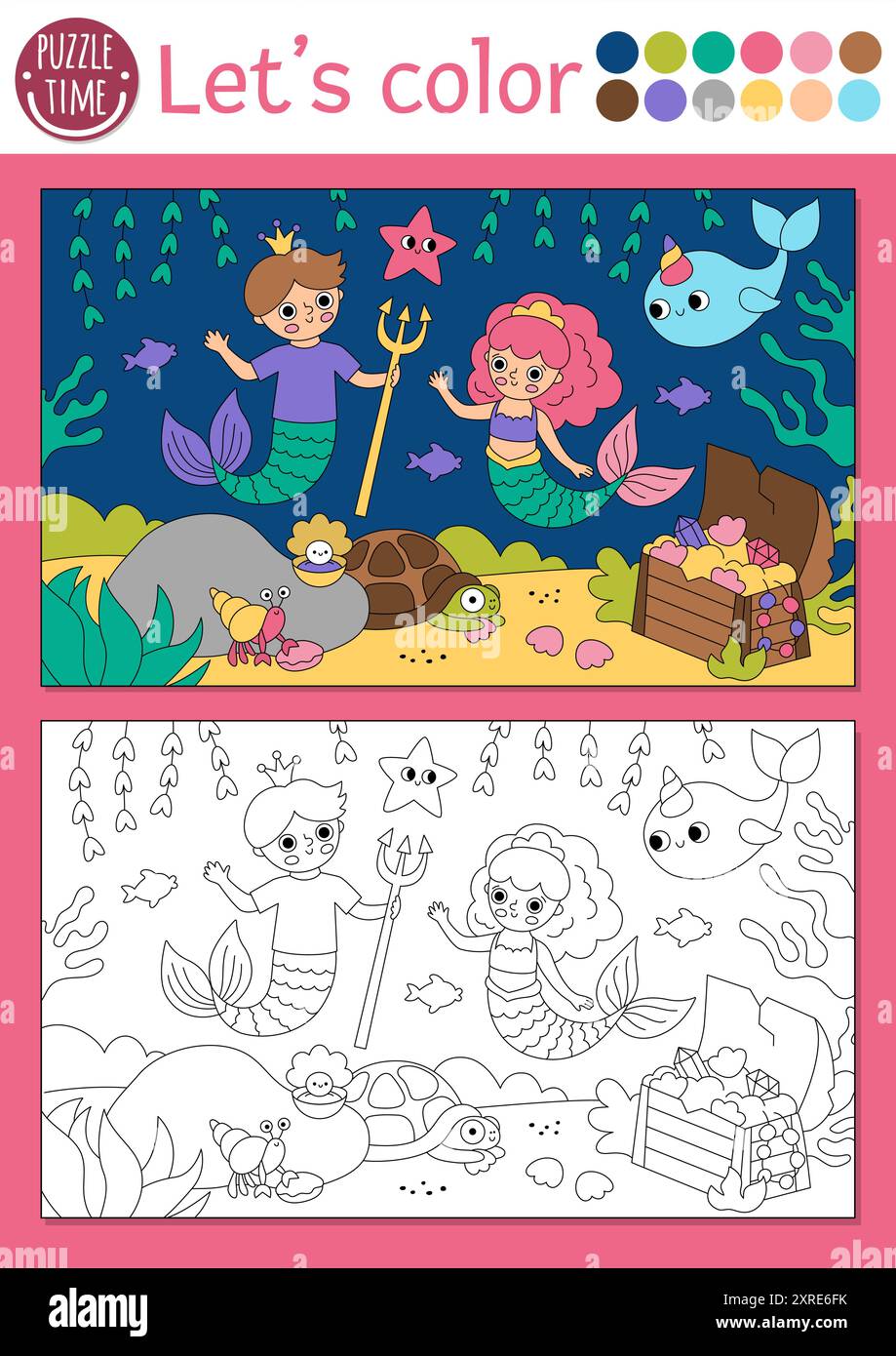 Page à colorier Sirène pour les enfants avec prince de mer et princesse. Illustration vectorielle de contour avec scène de Royaume de l'océan. Livre de couleurs pour les enfants. Sous l'eau Illustration de Vecteur